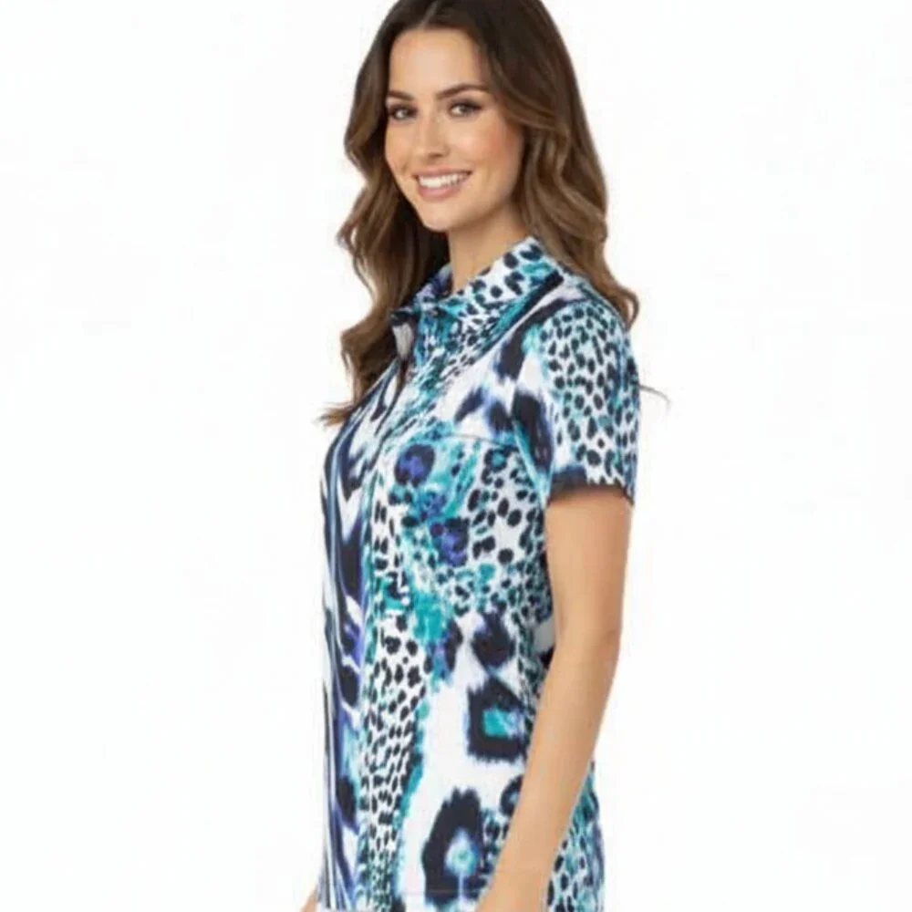 NEW Chico's Zenergy Golf 3/XL White/Multi Blue Animal Print Short Sleeve Blouse - Picture 2 of 5